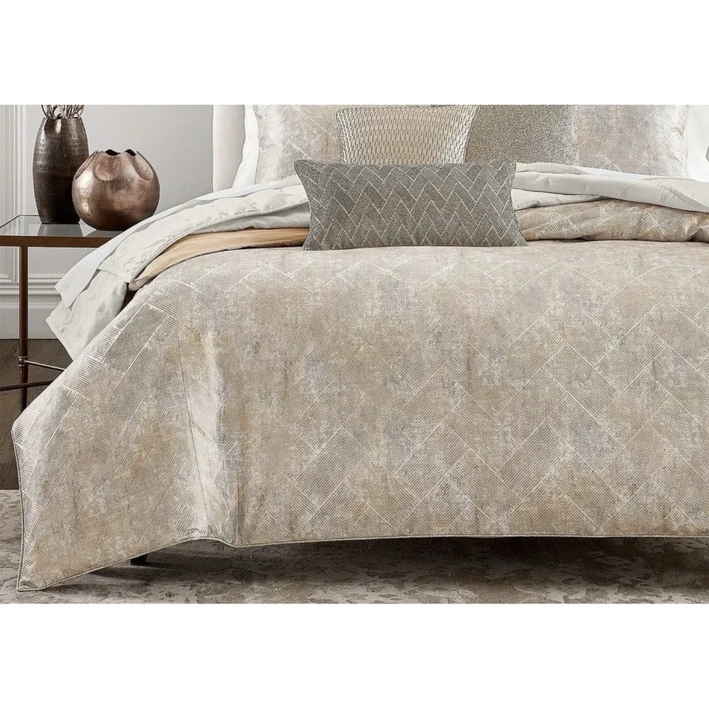 Hudson Park Collection Linear Sandstone FULL/QUEEN Duvet Cover Gold - NWT $485